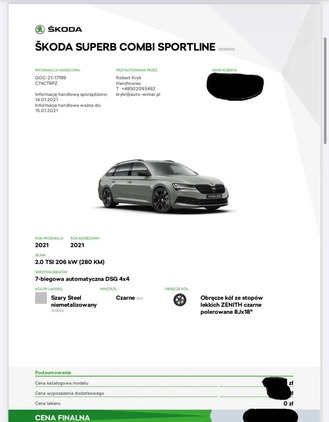 Skoda Superb cena 172500 przebieg: 23900, rok produkcji 2021 z Warszawa małe 137